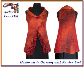 Double sided fire red orange dark brown nuno felted long women's vest, decorated with handmade crochet Irish lace