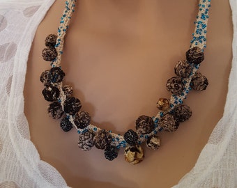 OOAK handmade textile necklace, crochet beige strand with blue seed beads, textile brown, black beads with lurex