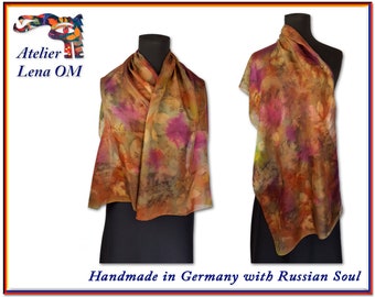 Women's silk scarf with unique botanical print, leaves pattern, light weight, gift idea for a woman