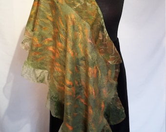 Nuno felted wool and silk shawl, green, sienna, rusty, orange color gamma merino hand dyed silk carf