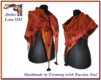 Brown, orange, rose, red, mustard color nuno felted triangular kerchief, double sided handmade scarf, with spirals, exclusive wrap, clothes