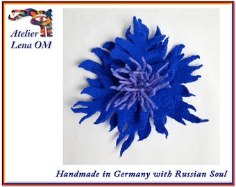 OOAK blue brooch flower with violet center part, textile unique decoration, fancy original handmade accessory, ornamentation, for women