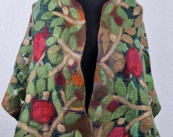 Handmade Felted Floral Capelet - Wearable Art Shawl - Botanical Leaves & Roses