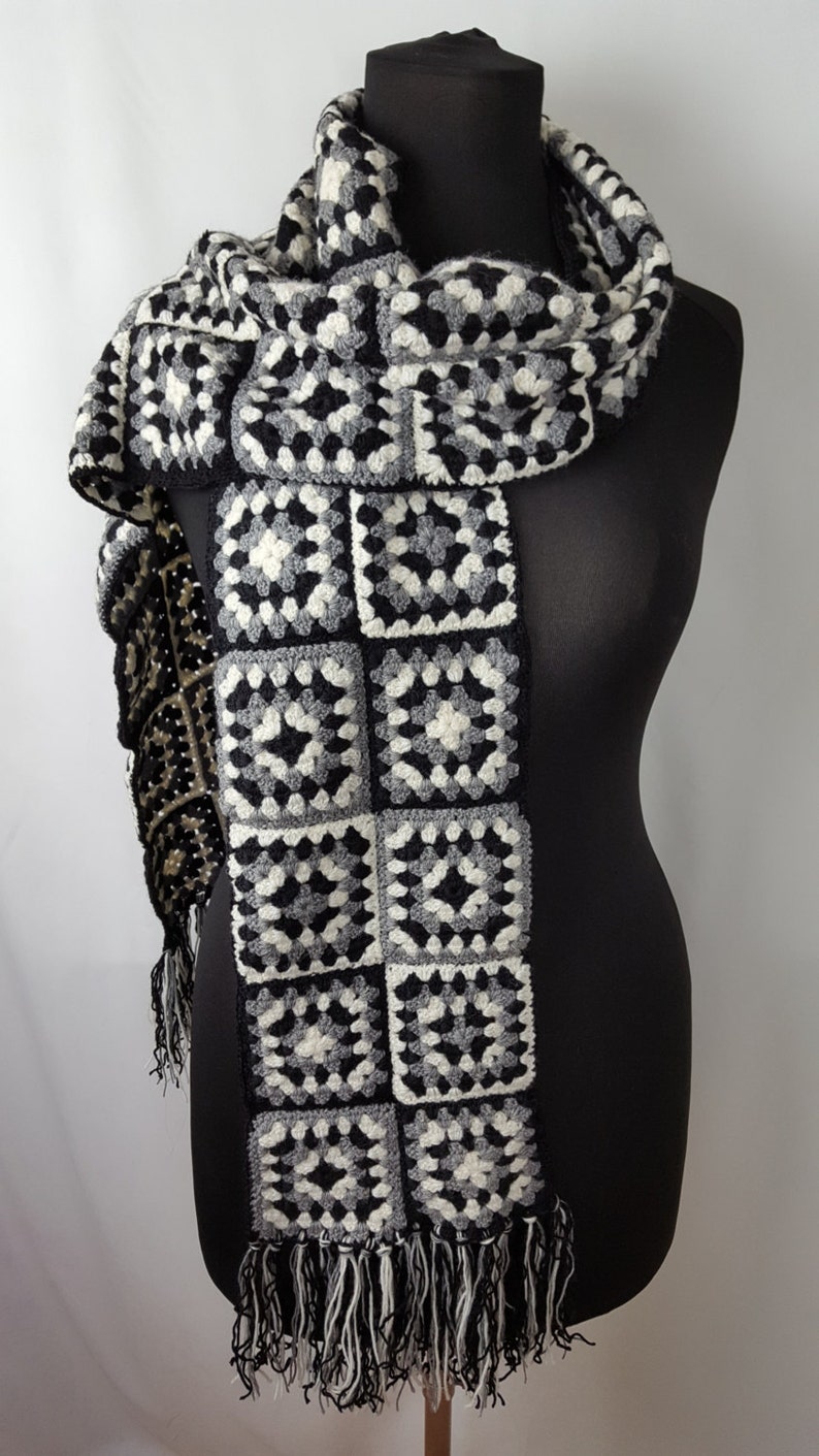 Crocheted afgan scarf, granny squares, wool handmade fancy modish trendy black white grey scarf with fringes, boho style, OOAK image 2