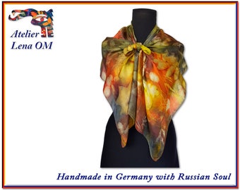 Women's silk scarf with unique botanical print, leaves pattern, light weight, gift idea for a lady