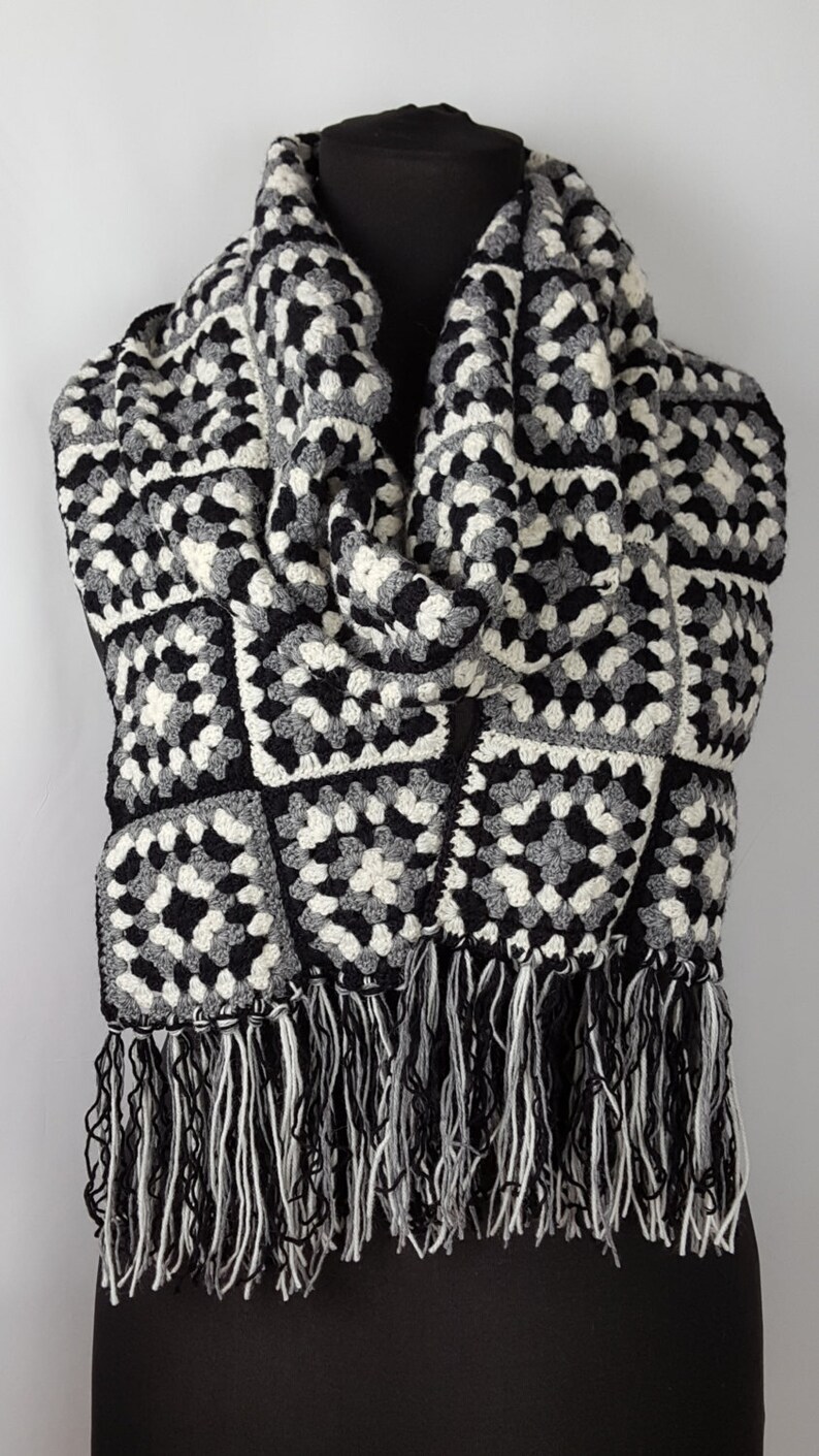 Crocheted afgan scarf, granny squares, wool handmade fancy modish trendy black white grey scarf with fringes, boho style, OOAK image 3