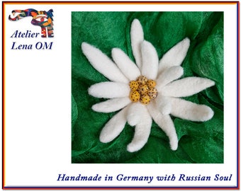 Smaller white yellow handmade brooch edelweiss flower, wool textile decoration, accessory, gift for a woman