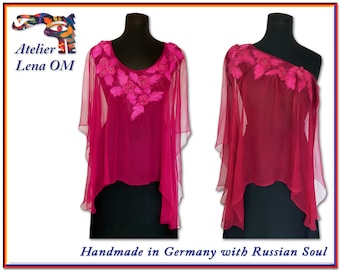 Сhiffon women's poncho decorated with textile roses flowers, reach bright maroon color, transparent, light weight and soft