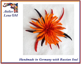 Orange, red, black handmade brooch flower, fancy, original, big textile decoration, OOAK accessory, gift for a lady, present for a lady