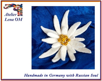 White yellow handmade brooch edelweiss flower, wool textile decoration, accessory, gift for a woman, handcrafted ornamentation