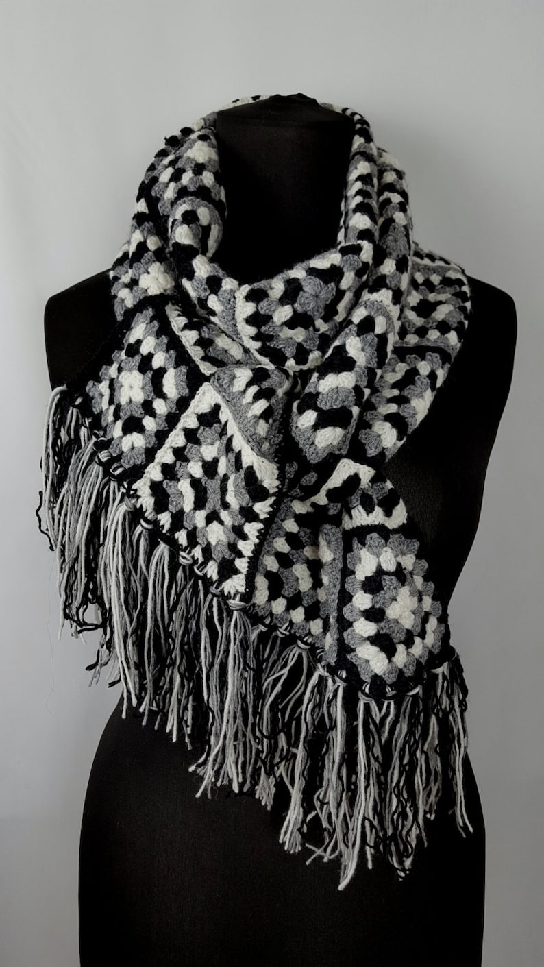 Crocheted afgan scarf, granny squares, wool handmade fancy modish trendy black white grey scarf with fringes, boho style, OOAK image 5