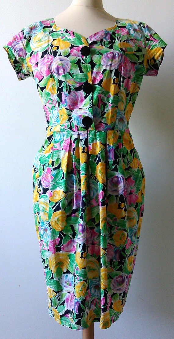 Robe Fleurie Verte Jaune Et Rose Vintage 80s