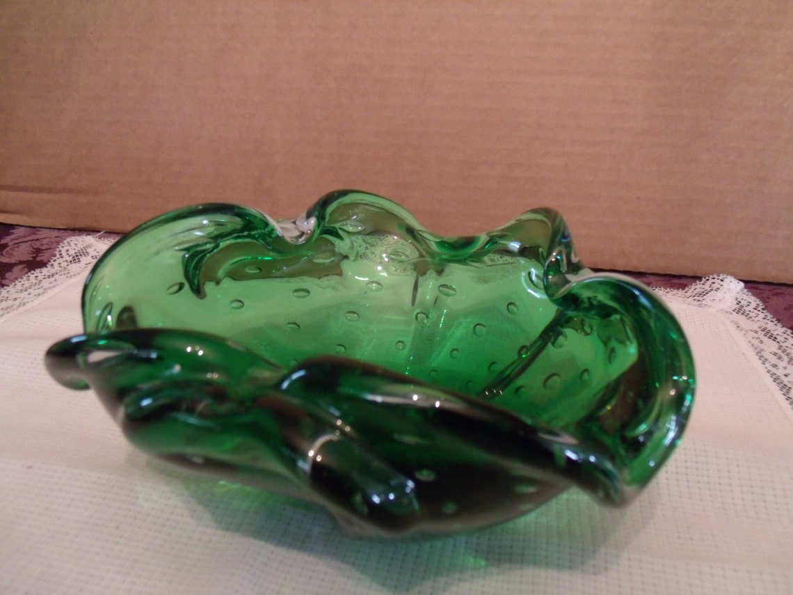 Hand blown heavy Green Glass Bowl with Air bubbles Etsy