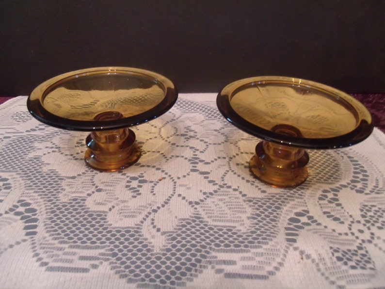 Set of two Amber color Depression Glass Candle Holders ...