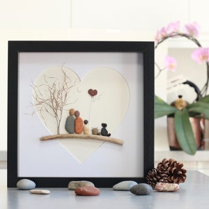 Pebble art family of 3 with cat and dog, pebble art picture, birthday gift, personalised pebble picture, pebble art pet, family gift