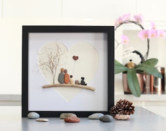 Pebble art family of 3 with cat and dog, pebble art picture, birthday gift, personalised pebble picture, pebble art pet, family gift