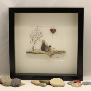 Pebble art, picture of family of three and dog, unique family gift, Christmas gift, fathers day gift, birthday, customised family art work.