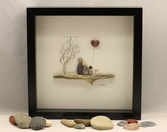 Pebble art, picture of family of three and dog, unique family gift, Christmas gift, fathers day gift, birthday, customised family art work.