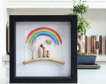 Kiezelkunst, kiezelkunstfamilie van drie, Regenboogfoto, vaderdagcadeau, verjaardag, familiekunstwerk, familiecadeau, moederdag