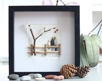 Pebble art picture, Family of 3 sat on a fence, Fathers day gift, Mothers day gift, Anniversary,Birthday gift, Pebble art family.