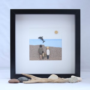 Pebble art picture,pebble art family of 4 on the beach, family pebble art, Dolphin Picture, family gift, mothers day gift, fathers day gift