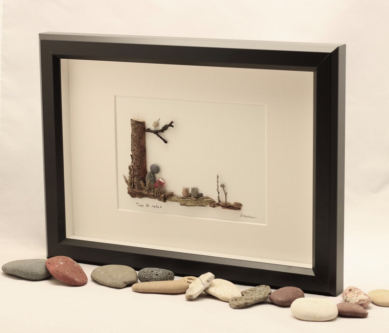 Pebble art person sat next to tree, unique gift, fathers day gift, retirement, home decor, pebble picture. image 2