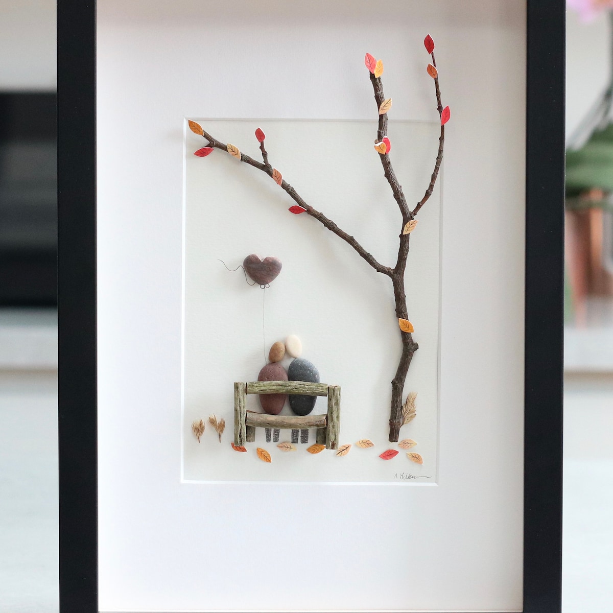 Pebble art couple sat on a bench, Autumn tree picture, Personalised pebble art, Valentine's Gift, Anniversary gift, Wedding gift