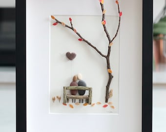 Pebble art couple sat on a bench,  Autumn tree picture, Personalised pebble art, Valentine's Gift, Anniversary gift, Wedding gift