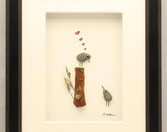 Pebble art picture, love birds, anniversary, engagement, wedding.