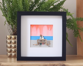 Pebble art couple on the beach, Coastal picture,Sunset picture, Couple sat on the bench, Valentines gift, Anniversary gift, Engagement gift