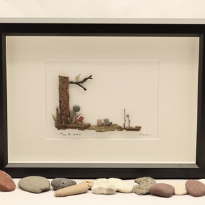 Pebble art person sat next to tree, unique gift, fathers day gift, retirement, home decor, pebble picture.