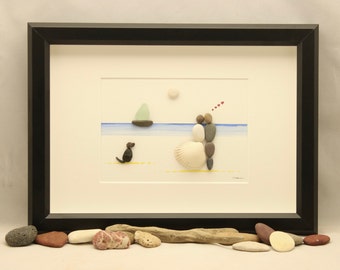 Pebble art couple with dog on the beach, wedding framed pebble art, beach wedding, wedding gift, engagement gift, valentine's gift,