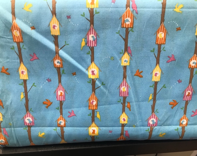 Blue with multi birds and bird boxes fabric