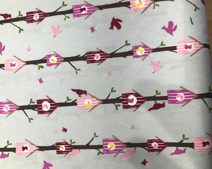 Grey with multi birds and bird boxes fabric