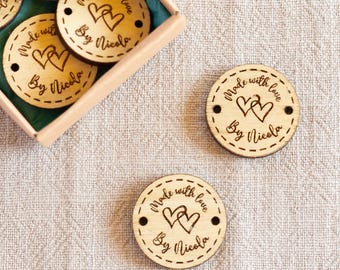 Personalised Made with Love Buttons, Custom Wooden Name Tags for Handmade Gifts, Engraved Crochet or Sewing Labels, Gift for Makers