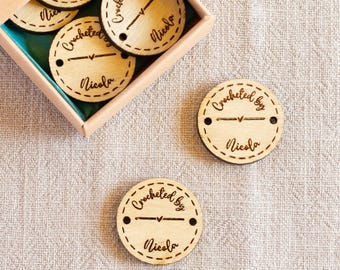 Personalised Crocheted with Love Buttons, Custom Wooden Crochet Labels, Name Engraved Tags for Handmade Items, Gift for Yarn Lovers