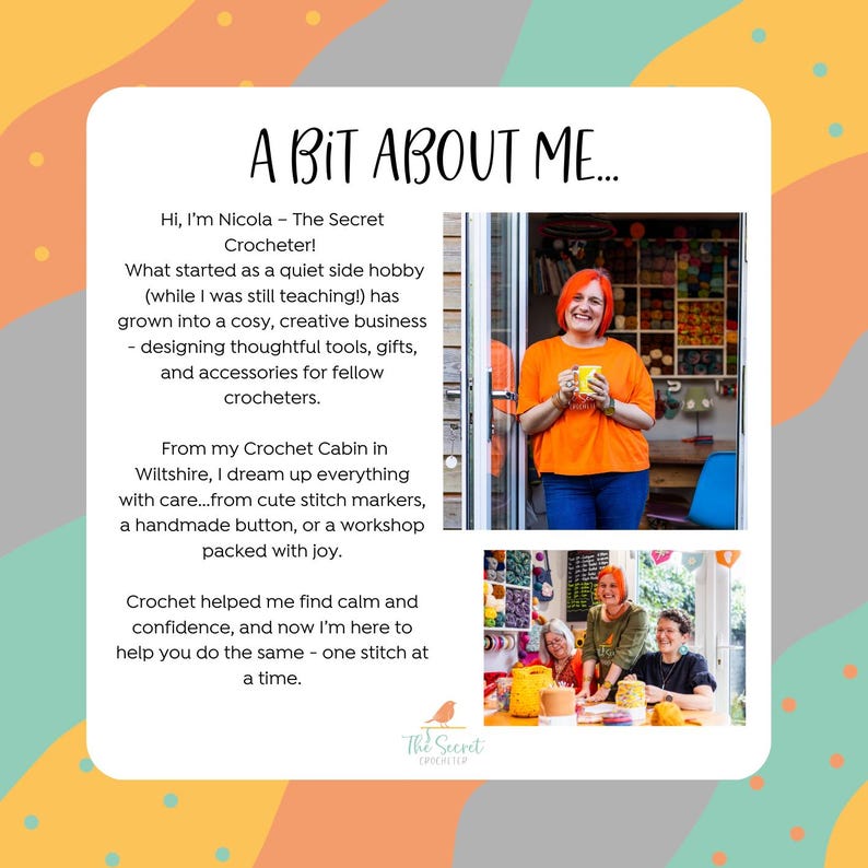 Puede incluir: Imagen promocional con el texto "A Bit About Me..." y "Hi, I'm Nicola - The Secret Crocheter!". La imagen incluye una foto de una mujer sosteniendo una taza amarilla y otras dos fotos de mujeres. El logotipo de The Secret Crocheter est&aacute; en la esquina inferior derecha.