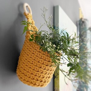 May include: Mustard yellow, woven hanging basket with a wooden ring. The basket is filled with green plants and white flowers. The basket is hanging on a gray wall.