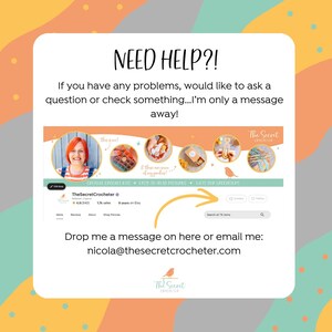 以下が含まれることがあります： 「助けが必要ですか?!」というテキストとTheSecretCrocheterの連絡先情報が記載されたプロモーション画像。画像には、ウェブサイトのスクリーンショット、女性の写真、および「こちらまたはメールでメッセージを送ってください：nicola@thesecretcrocheter.com」というテキストが含まれています。