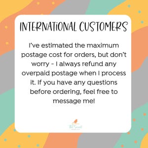Puede incluir: Gr&aacute;fico rectangular blanco con el texto "INTERNATIONAL CUSTOMERS" en escritura a mano. El texto explica la pol&iacute;tica de reembolso de gastos de env&iacute;o para pedidos internacionales. Fondo con formas naranjas, amarillas y azules.