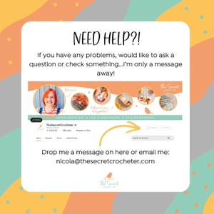 Puede incluir: Imagen promocional con el texto "&iquest;NECESITAS AYUDA?" e informaci&oacute;n de contacto de TheSecretCrocheter. La imagen incluye una captura de pantalla del sitio web, una foto de una mujer y el texto "Env&iacute;ame un mensaje aqu&iacute; o por correo electr&oacute;nico: nicola@thesecretcrocheter.com".