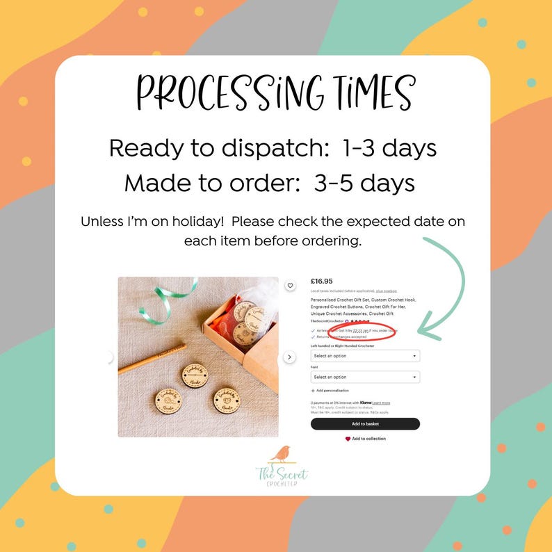 Puede incluir: La imagen muestra texto sobre los tiempos de procesamiento: Listo para enviar en 1-3 d&iacute;as y hecho a pedido en 3-5 d&iacute;as. La imagen tambi&eacute;n muestra una caja de c&iacute;rculos de madera con texto, una cinta verde y un l&aacute;piz.