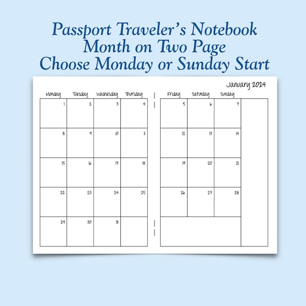 Printed Passport Size Month on Two Page Traveler's Notebook Insert - Choose Dated or Undated