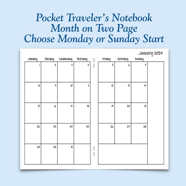 Printed Pocket Size Month On Two Page Traveler's Notebook Inserts - Choose Dated or Undated