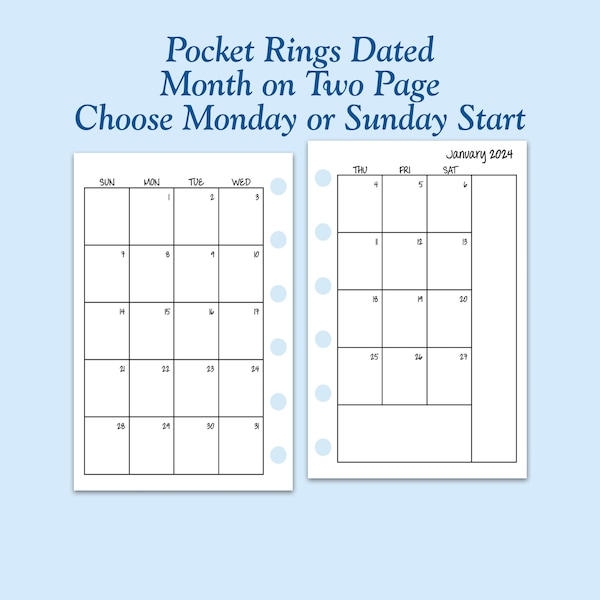DATED Printed Pocket Size Month On Two Page Ring Planner Inserts