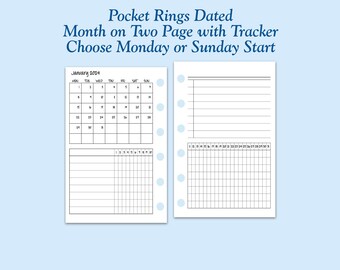 DATED Printed Pocket Size 2024 Month On Two Page with Habit Tracker Ring Planner Inserts