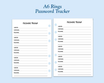 Printed TRUE A6 Size Password Tracker Ring Planner Inserts  ***Please read item description before purchase