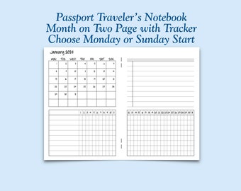 Printed Passport Size Month on Two Page with Habit Tracker Traveler's Notebook Insert - Choose Dated or Undated