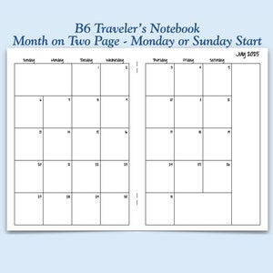 Printed B6 Size Month on Two Page Traveler&#39;s Notebook Insert - Choose Dated or Undated