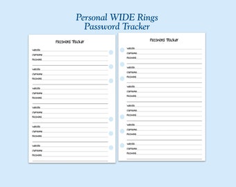 Printed Personal WIDE Size Password Tracker Ring Planner Insert